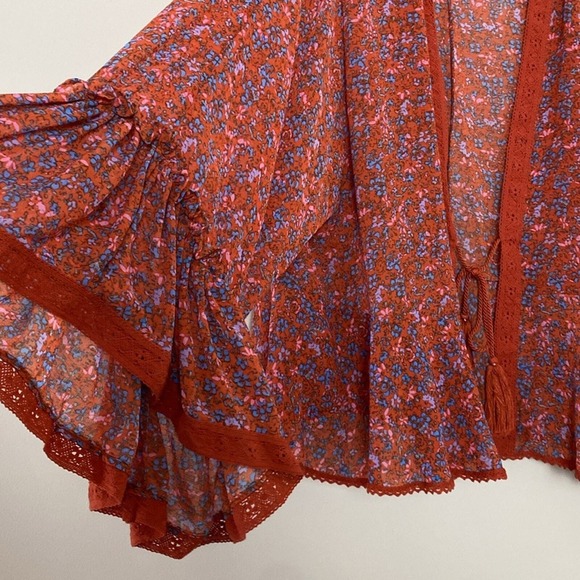Free People Lola Kimono in Wild Red Ditsy Floral Tassel Tie Front Bell Sleeves S - Picture 8 of 15